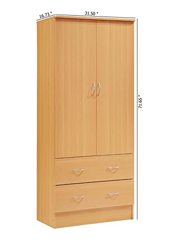 HODEDAH 2 Door Wood Wardrobe Bedroom Closet with Clothing Rod inside Cabinet and 2 Drawers for Storage, Beech Hodedah