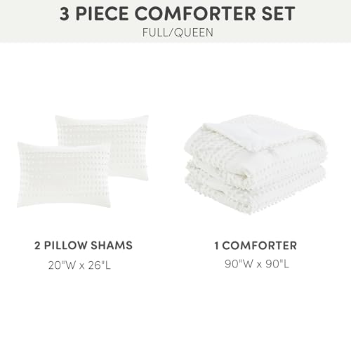 Comfort Spaces Cotton Comforter Set Jacquard Pom-Pom Tufts Design, Down Alternative, All Season Modern Bedding, Matching Shams, Full/Queen, Phillips, Ivory Comfort Spaces