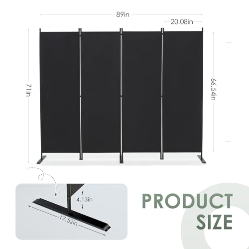 RANTILA 4 Panel Room Divider, 6 FT Folding Privacy Screen with Wide Feet, Freestanding Partition for Room Separation, Portable Room Divider Panel, 89" W x 71" H, Black RANTILA