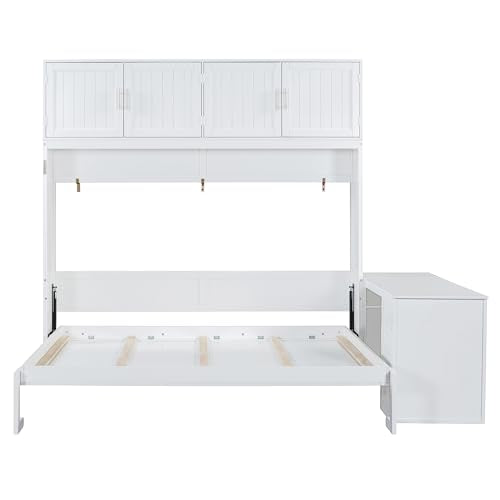 Ball & Cast Murphy Bed Queen Size,Hideaway Beds with Desk and Storage Shelves,Multifunction Wood Wall Cabinets Bedframe W/Big Cabinets &Hardware Chain,Slat Support,Space-Saving for Apartment,White Ball & Cast