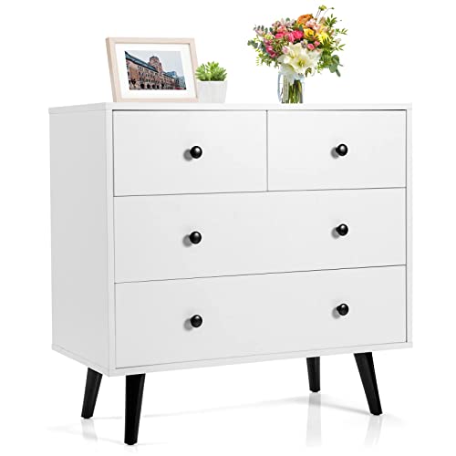 Tangkula 4 Drawer Storage Cabinet, Wood Chest of Drawers, Freestanding Floor Side Cabinet with Legs & Metal Handles, Modern Storage Drawer for Living Room (White) Tangkula