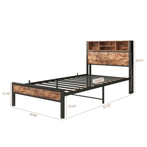 Twin XL Bed Frames with Headboard Storage, Twin Bed Frame with Charging Station, Single Bed Frame with Heavy Duty Metal Slats, No Box Spring Need, Easy Assembly, Rustic Brown Doredo