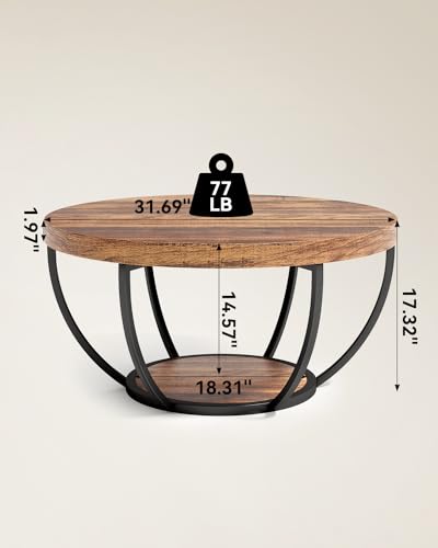 LITTLE TREE Round Coffee Table, 32" Circle Coffee Table for Living Room, 2-Tier Wood Accent Center Table with Open Storage Industrial Design Home Furniture (Brown and Black) LITTLE TREE