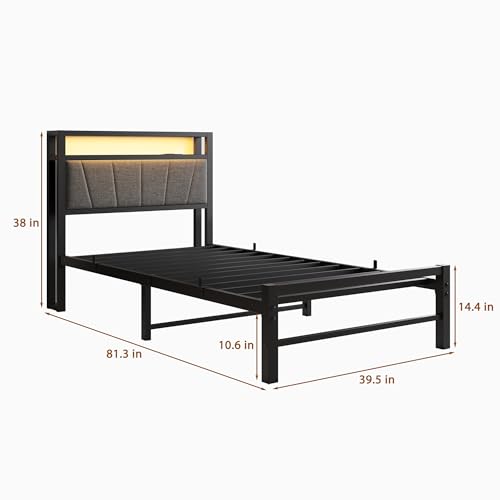BOFENG Twin Bed Frame with Charging Station,LED Lights,Upholstered Storage Headboard,Heavy Duty Metal Platform Single Bed Frame Twin Size No Box Spring Needed,Solid and Stable,Noise Free,Grey BOFENG