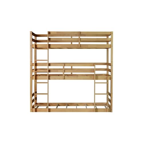 PVWIIK Triple Bunk Bed with Built-in Ladders & Guardrails for Kids' Bedroom, Bunk Bed w/Detachable Twin Bunk Bed for Dorm, Guest Room, No Box Spring Needed, Easy Assembly, Oak PVWIIK