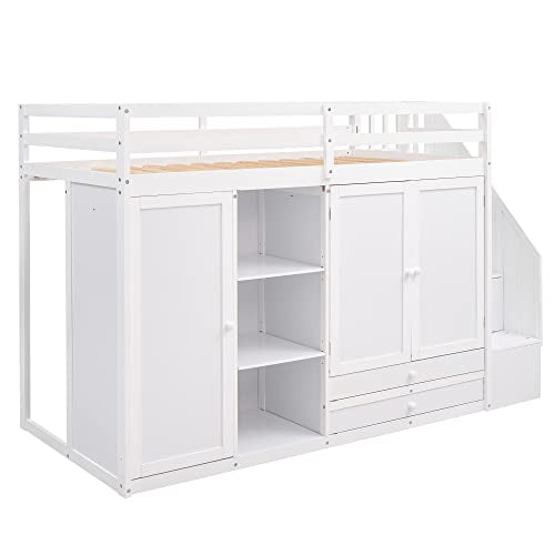 Merax Twin Loft Bed with Stairs, Functional Loft Bed with Wardrobe, Shelves and Drawer, Wooden Loft Bed Frame, No Box Spring Needed Merax