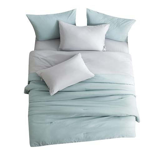 COTTEBED Ultra-Soft Twin Comforter Set with Sheets - 5 Pieces Bed in a Bag Twin Down Comforter & Bedding Sheet Sets, Lightweight Boho Cozy Washed PolyCotton for Kids Boy Girl All Season Use,Sage Green COTTEBED