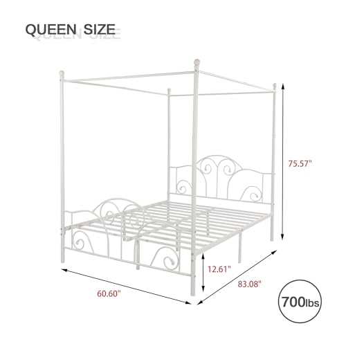 AUFANK Queen Size Four-Poster Metal Canopy Bed Frame with Headboard and Footboard Sturdy Slatted Structure No Box Spring Needed White