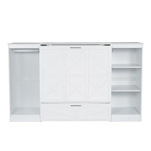 Merax Twin Size Murphy Bed with Bedside Shelves and Wardrobe, White Wooden Bed Frame with Large Drawer Merax