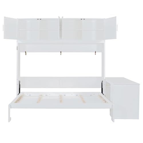 Ball & Cast Murphy Bed Queen Size,Hideaway Beds with Desk and Storage Shelves,Multifunction Wood Wall Cabinets Bedframe W/Big Cabinets &Hardware Chain,Slat Support,Space-Saving for Apartment,White Ball & Cast