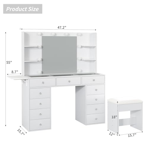 FUSOU Vanity Desk with Power Outlet, 11 Drawers Makeup Vanity with Lighted Mirror, 3 Colors Adjustable, Glass Top Vanity with Chair, 4 Shelves and Fold-up Panel, Dressing Table for Bedroom, White FUSOU