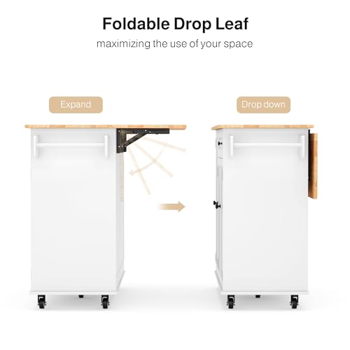 Ahomly White Kitchen Island with Drop Leaf, Spacious Storage, 5 Wheels, and Towel Bar Ahomly