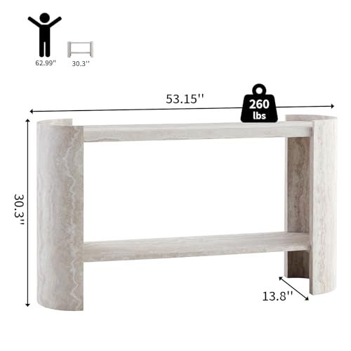 BFJDM 53" Faux Travertine Stone Console Table for Entryway, 2-Tier Sofa Entrance Table with Faux Mars Marble Pattern, Modern Sofa Tables with Storage Shelf for Living Room, Hallway, Foyer, Beige BFJDM