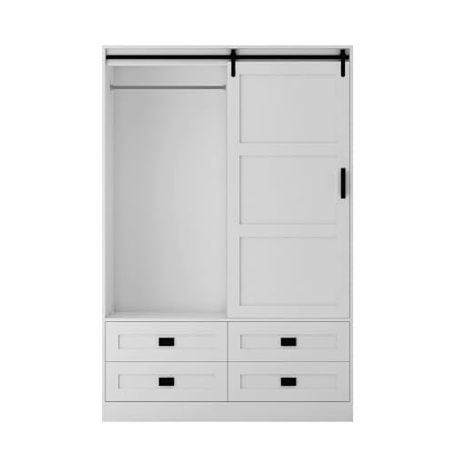 EMKK Tall Armoire Wardrobe Closet Clothing Cabinet with Hanging Rod Barn Door Drawers Open Shelves for Bedroom Freestanding Ar moires Storage OrganizerCabinet, 70.86" H, White EMKK
