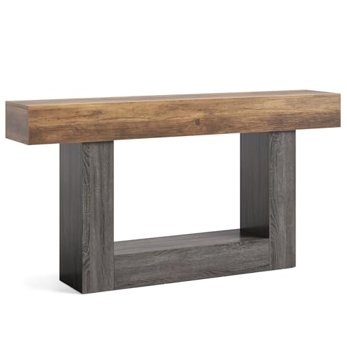 LITTLE TREE 63 Inches Long Console Table, 2-Tier Farmhouse Sofa Table Behind Couch, Large Narrow Entryway Table for Living Room, Wooden Hallway Foyer Table with Heavy Duty Base, Rustic Brown and Grey LITTLE TREE
