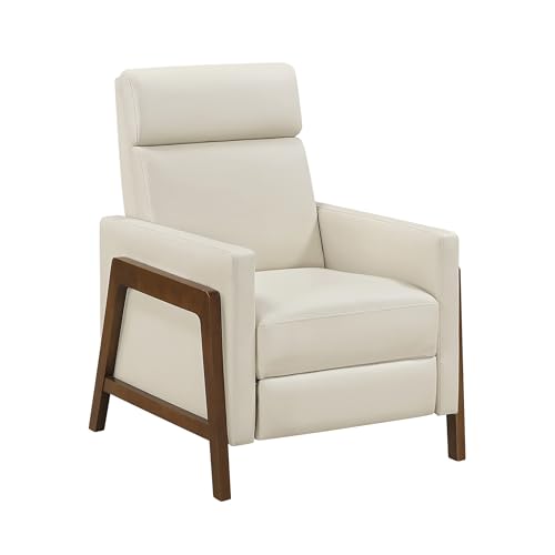 Lexicon Push Back Recliner Chair, Faux Leather Upholstered Reclining Chair with Footrest, Exposed Dark Brown Finish Wood Frame, Small Recliner for Small Space, Living Room, Bedroom, Light Beige