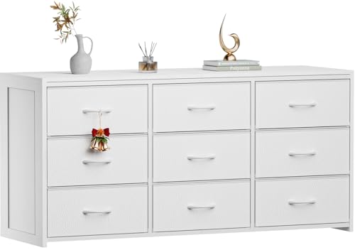 OURPIC Dresser for Bedroom with 9 Drawers, 55 Inch White Dresser TV Stand for 55, 60, 65 Inch TV, Wood Top and Side, Fabric Drawers, Storage, Dressers for Closet, Living Room, Hallway, Entryway OURPIC