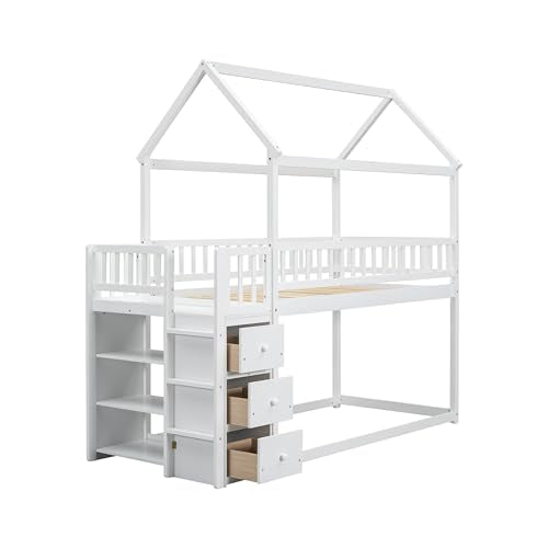 Bellemave Bunk beds Twin Over Twin Size with Drawers and Shelves Storage, Floor bunk Bed,White Bellemave