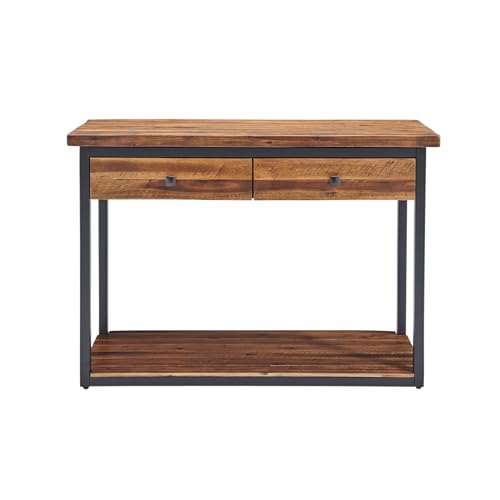 Claremont 43-Inch Solid Wood Console Table with Drawers and Lower Shelf – Rustic Industrial Entryway, Sofa, or TV Table with Acacia Wood Top and Black Metal Frame by Alaterre Furniture (Dark Brown) Alaterre Furniture