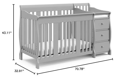 Storkcraft Portofino 5-in-1 Convertible Crib and Changer Combo (Pebble Gray) – Changing-Table with Storage Drawer, Converts to Toddler Full-Size Bed, Daybed Storkcraft