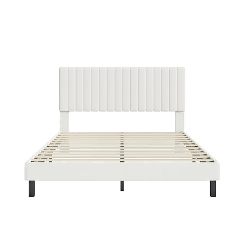 LUBEDCY Full Size Upholstered Platform Bed Frame, Modern Beige Fabric Bed with Vertical Tufted Headboard, No Box Spring Needed, Sturdy Slat Support for Bedroom, Easy Assembly(Beige, Full) LUBEDCY
