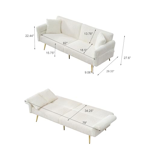 73" Convertible Futon Sofa Bed,Comfy Teddy Fabric Sleeper Couch with 3 Reclining Backrests,Golden Chrome Legs,Modern Cloud Sofa Loveseat for Small Living Room Office (White-Corduroy) Majnesvon