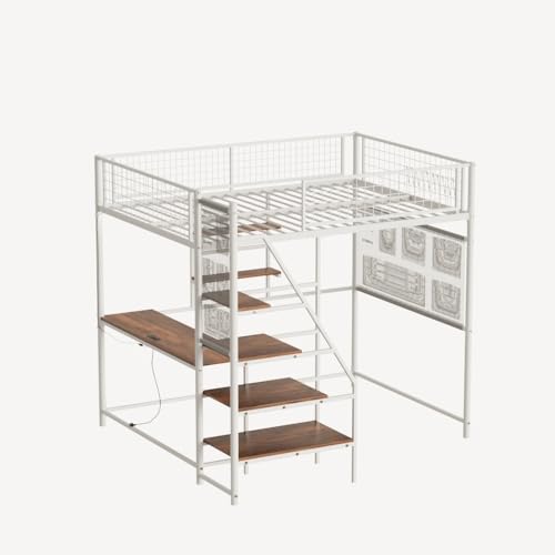 KEIKI Full Sized Loft Metal Bed with Desk and Stairs, Metal Loft Bed Frame, Heavy-Duty High Loft Beds with Built-in Charging Station and Lighting for Bedroom, Dormitory KEIKI