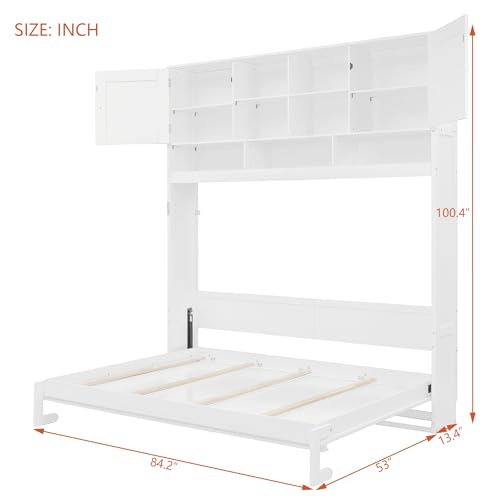 Merax Queen Size Murphy Bed with Top Cabinets and Shelves, Fold into a Cabinet, Space-Saving Foldable Wall Bed for Bedroom, Guest Room, Home Office, Solid Wood Bed Frame, White Merax