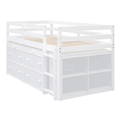 Ball & Cast Twin Size Loft Bed with Retractable Writing Desk & 4 Drawers,Wooden Bedframe W/Lateral Portable Desk & Shelves,Space Saving,Easy Assembly,Study Room Bedroom Set for Boy Girl Keens,White Ball & Cast