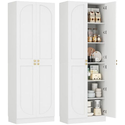 Cyclysio 80" Extra Tall Kitchen Pantry, Arched Storage Cabinet with 4 Doors and Adjustable Shelves, Freestanding Wood Cupboard with Seamless Fit Wall for Living Dining Room Bathroom