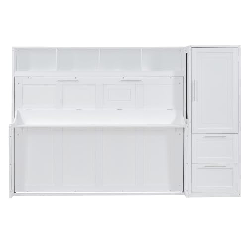 SOFTSEA Queen Size Horizontal Murphy Bed, Queen Murphy Bed with Desk Wardrobe Storage Shelf, Hideaway Wall Bed Frame with Drawers Space-Saving for Guest Room Bedroom or Office, White SOFTSEA