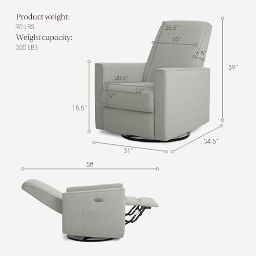 évolur Harlow Upholstered Power Glider Recliner with USB Charging – Rocking & 275° Swivel with Smooth Glide – Greenguard Gold & FSC Certified – Modern Nursery and Living Room Chair in Light Grey