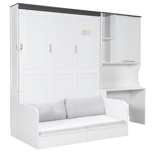 Murphy Bed with Sofa, 3-in-1 Space Saving Wall Bed with Built-in Fold-Out Desk, Storage Cabinet, and Comfortable Cushions (Queen Size) QVUUOU
