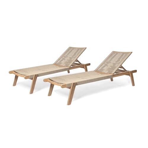 Christopher Knight Home Set of 2 Outdoor Patio Wood Adjustable Chaise Lounges with Rope Seating, Rope Chaise Lounge with Acacia Wood Frame, Chaise Lounge for Poolside, Balcony, Yard, Teak+Beige