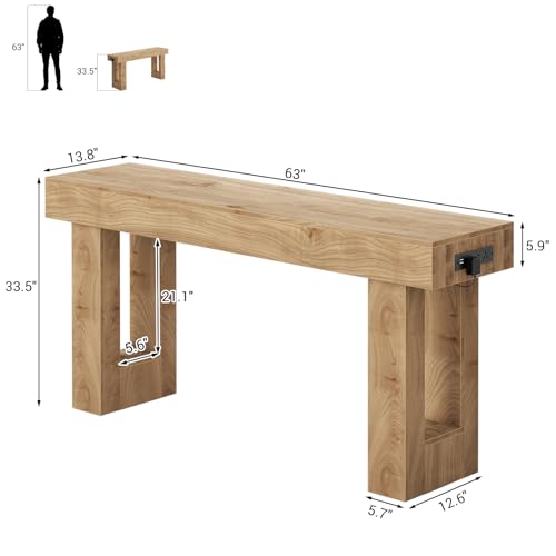 Unikito 63'' Farmhouse Console Table with Power Outlets and Sensor Light, Wooden Entryway Table with Storage, Rectangular Sofa Tables Behind The Couch for Entrance, Hallway, Living Room, Natural Oak Unikito