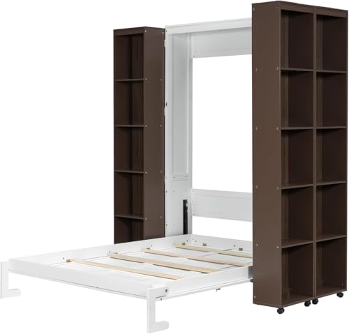 MERITLINE Queen Murphy Bed Cabinet with Storage Bookshelf Bookcase, Wood Hidden Foldable White Murphy Wall Bed with Storage Shelves for Adults MERITLINE
