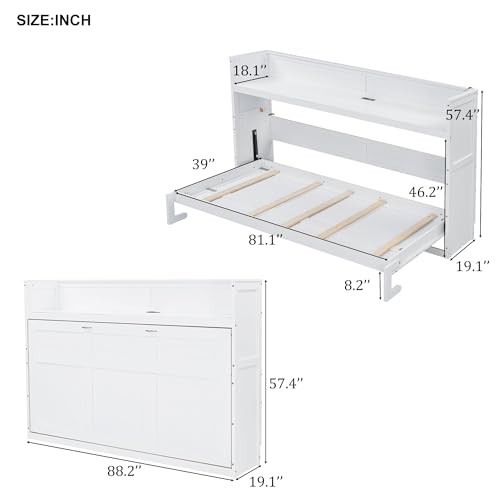 Ball & Cast Twin XL Size Murphy Bed Chest with Desk,can be Folded,Solid Pine Hideaway Cabinet Bedframe w/LED Light and USB Charging Station,for Home Office Small Room Living Room,White Ball & Cast