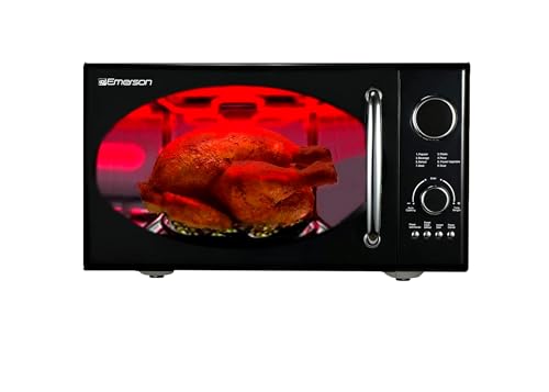 Emerson MWRG0901BK Retro Compact Countertop 800W Microwave Oven with 1,000W Grill Function, LED Display, 5 Power Levels, 8 Auto Menus, Glass Turntable and Child Safe Lock, 0.9 Cu. Ft., Black Emerson