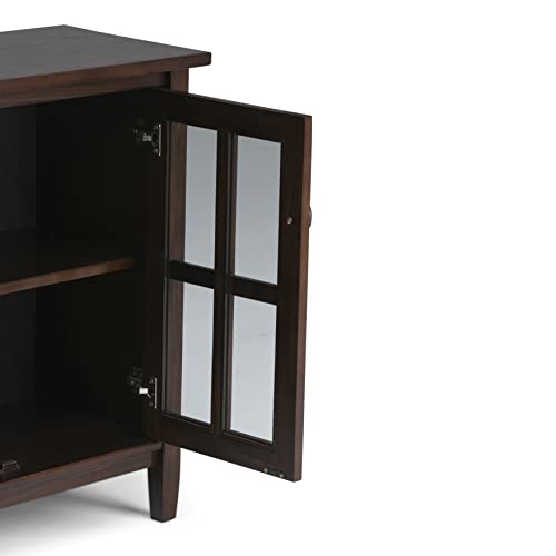 SIMPLIHOME Warm Shaker SOLID WOOD 32 inch Wide Rustic Low Storage Cabinet in Tobacco Brown, with 2 Adjustable Shelves, Tempered Glass Door SIMPLIHOME