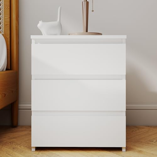 Modern Nightstand Bedside Table with 3 Drawers, End Table Sofa Side Table with Cut-Out Handle for Bedroom (1, White) Panana