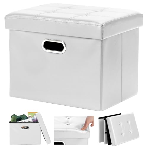 COSYLAND Storage Ottoman 17x13x13in Leather Ottoman Rectangle Foot Rest Foot Stool Folding Ottoman for Room Dorm Small Collapsible Bench Seat Organizer Entryway Furniture with Handles Lid White COSYLAND