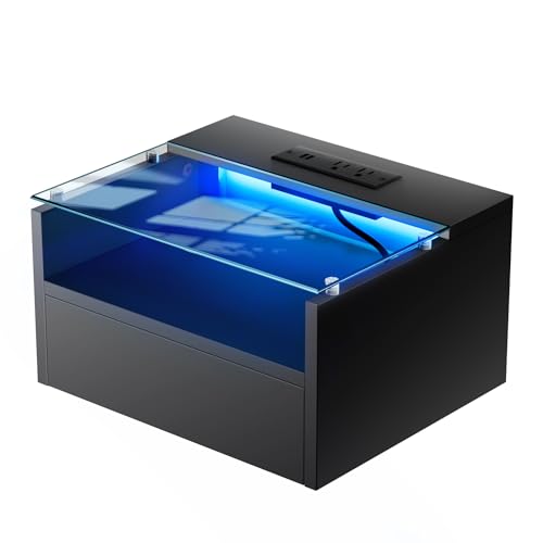 Loomie Black Floating Nightstands Set of 2, 18.9” Bedside Table w/Charging Station and LED Light, Floating Shelf with Drawer, Wall Mounted Night Stand for Bedroom, Entryway Wall. Loomie