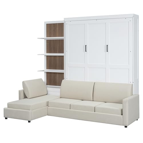 JIVOIT Queen Size Murphy Bed with Sofa, Space-Saving Wall Bed with Shelves, Murphy Chest Bed Can Be Folded Into A Cabinet, Hidden Murphy Bed Chest for Home Office (White/468) JIVOIT