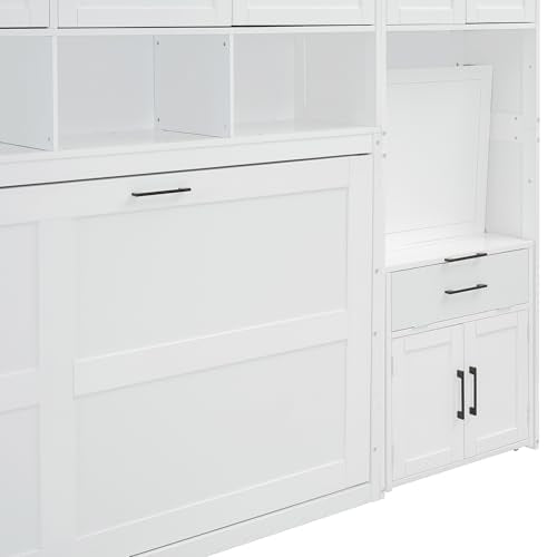 Merax Horizontal Murphy Bed Cabinet Twin Size with Desk & Small Closet & Cabinet with Doors & Open Storage Shelves, Twin Hidden Murphy Wall Bed with Storage for Living Room, White Merax
