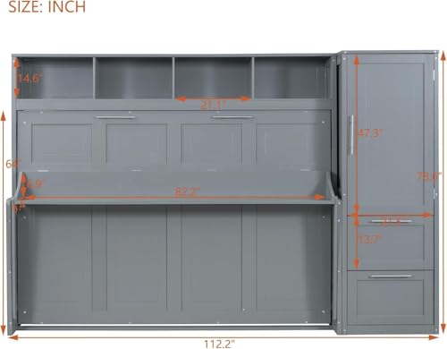 Virubi Queen Horizontal Murphy Bed with Storage Wardrobe Closet,2 Drawer,4 Storage Shelves,Wood Folding Murphy Wall Bed Cabinet for Adult (Grey,Queen) Virubi