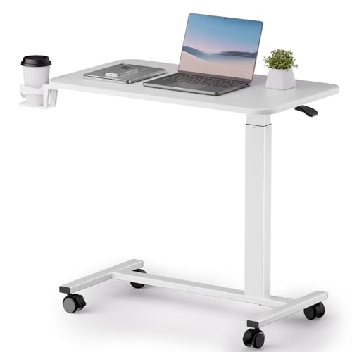 COMHOMA Adjustable Overbed Bedside Table with Lockable Wheels, Pneumatic Mobile Standing Laptop Desk, Small Standing Desk Portable Rolling Overbed Table Hospital Home Use(32" W x 18" D, White) COMHOMA