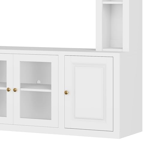 Ball & Cast 92"W Modern Entertainment Center Wall Unit with Bookshelves for TVs Up to 80",All-in-1 Large TV Stand W/Tempered Glass Door,4-Piece Media Console W/Adjustable Shelves,for Living Room,White Ball & Cast