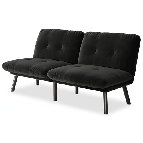 homeokay Futon Sofa Sleeper Couch Bed with Adjustable Backrest Thick Cushion Velvet Fabric for Department Living Room Lounge Sofa Loveseat (Black) homeokay