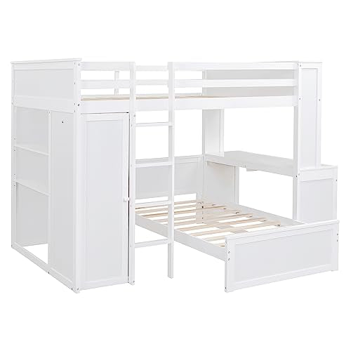 Full Over Twin Bunk Beds with Desk and Drawers , Wooden Full Size Loft Bed with Removable Twin Bed , Wardrobe and Shelves , Storage Bunk Bed with Ladder & Guardrails for Kids Girls Boys , White Harper & Bright Designs