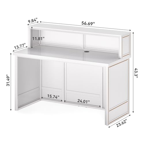 LITTLE TREE 57-Inch Reception Desk with Counter, Boho Style Front Desk, Modern Checkout Counter, Receptionist Desk for Retail, Lobby, Salon, Office, White LITTLE TREE